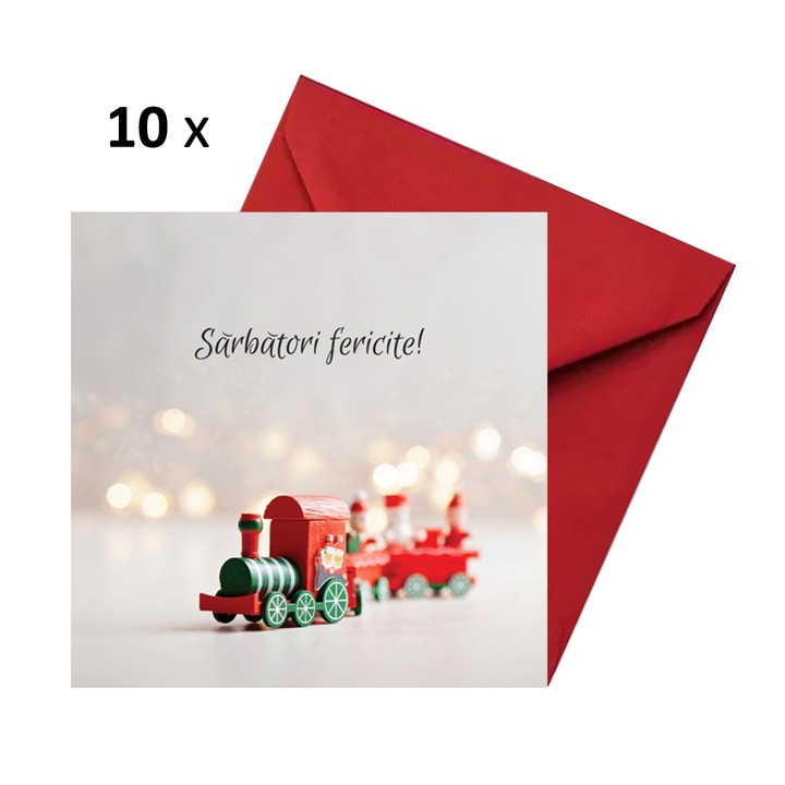 Set 10 felicitari Craciun trenulet rosu, cu plicuri rosii 130x130 mm