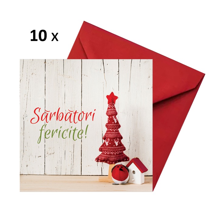 Set 10 felicitari Craciun bradut rosu, cu plicuri rosii 130x130 mm