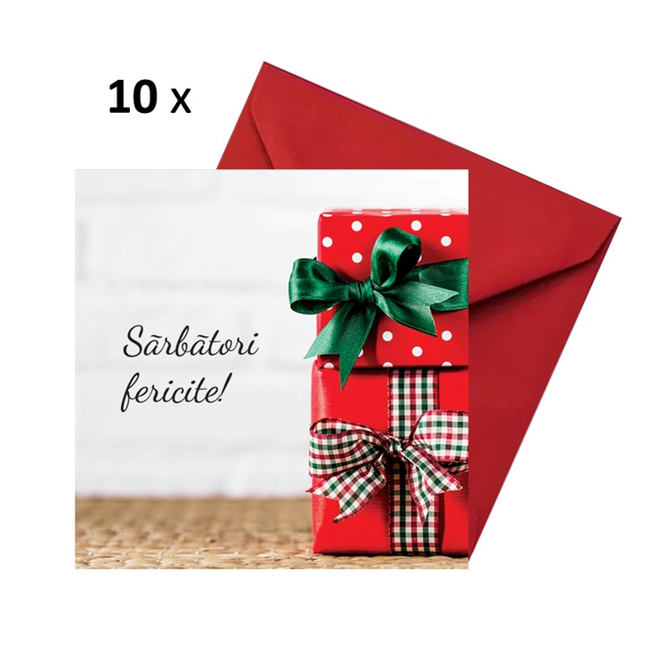 Set 10 felicitari Craciun cutii rosii, cu plicuri rosii 130x130 mm