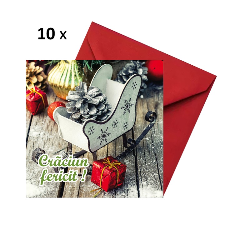 Set 10 felicitari Craciun sanie, cu plicuri rosii 130x130 mm