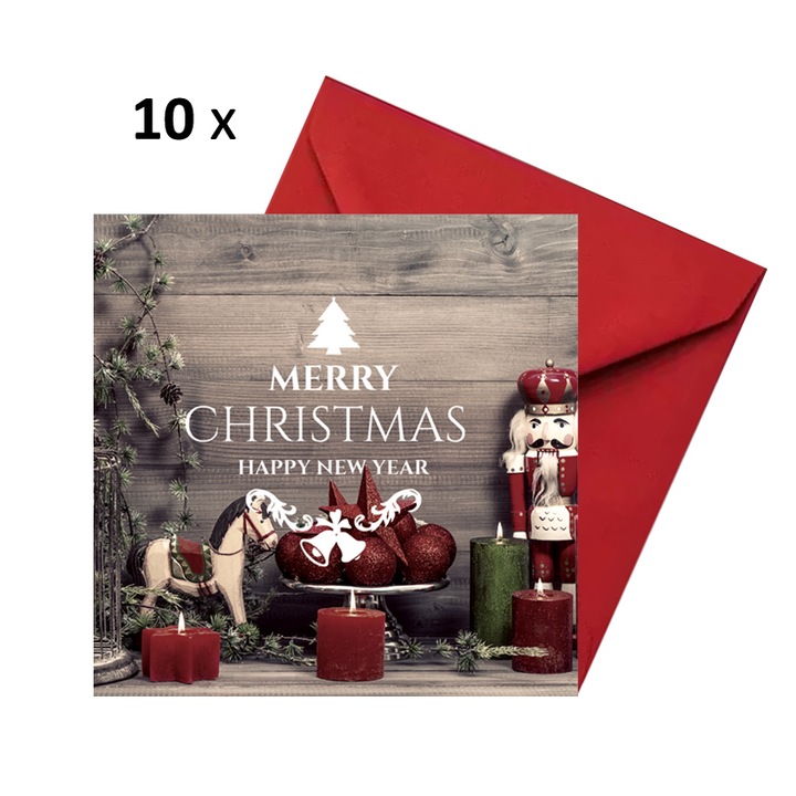 Set 10 felicitari Craciun vintage, cu plicuri rosii 130x130 mm