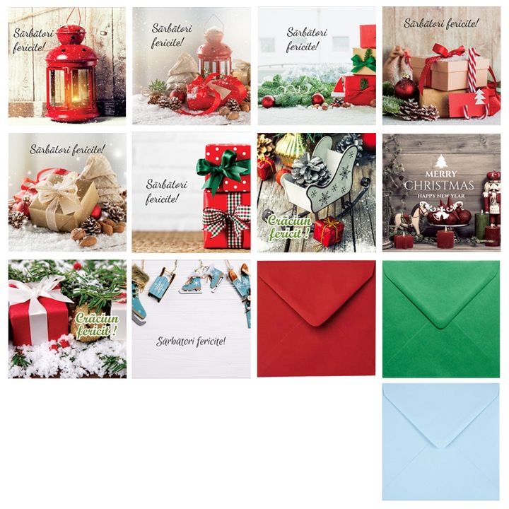 Set 10 felicitari Craciun mix, cu plicuri incluse 130x130 mm