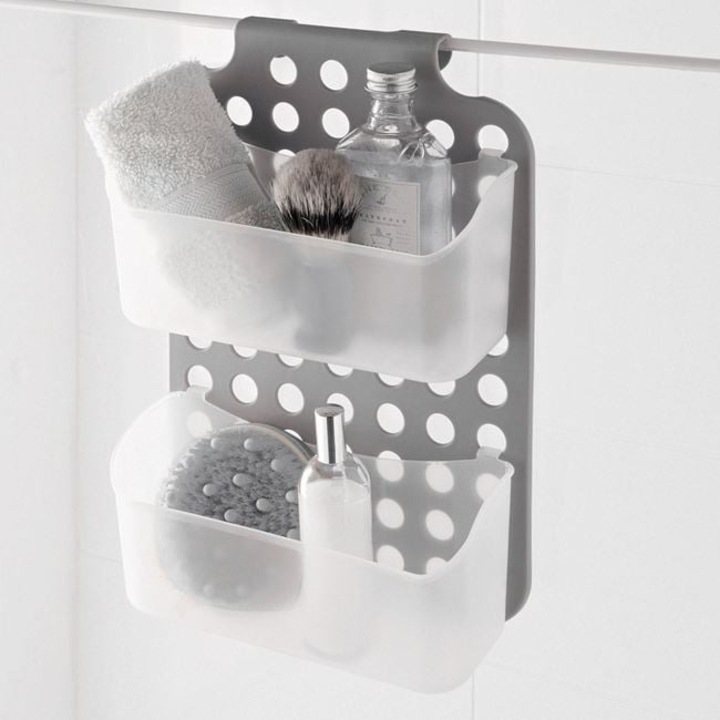 Antbro® fürdőszobai polc 2 rekesszel, műanyag, szürke/átlátszó