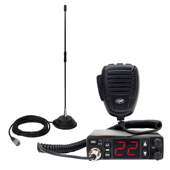 CB PNI Escort HP 5500 комплект радиостанция, 4W, 12V/24V, ASQ и PNI Extra 40 CB антена, SWR 1.0, фибростъкло, с магнит