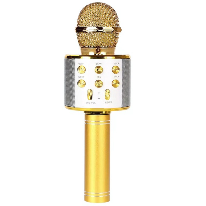 Microfon karaoke SDEPOT®, wireless, cu boxa integrata, conectivitate bluetooth, SD card, auriu