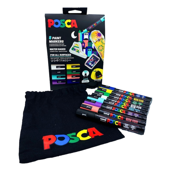 Комплект 8броя Uni Marker Posca PC-5M, кръгъл връх, 1.8-2.5mm, картонена кутия с текстилна торбичка