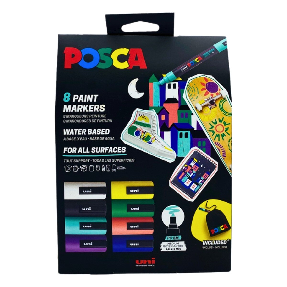 Set 8x Marker UNI Posca PC-5M, varf rotund, 1.8-2.5mm, cutie