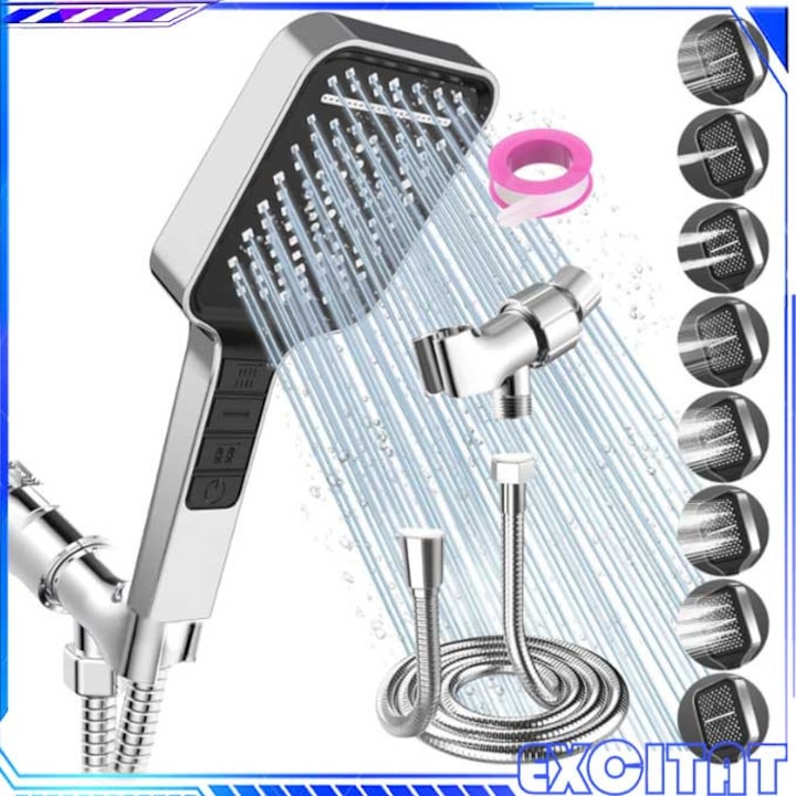 Dus de inalta presiune, Cap de dus cu 7 setari, Cap de dus patrat, Montaj pe Perete, Buton on/off, Filtrare, Calitate Inalta, Design Modern, Ideal Pentru Baie, Argintiu/Negru
