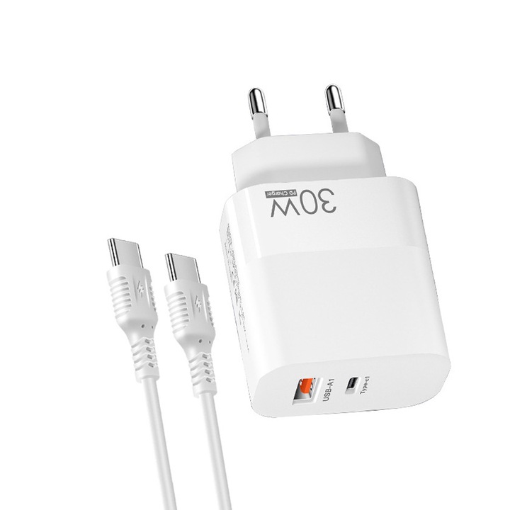 Gyorscsatlakozós töltő, 2 USB-C és USB-A port, PD 30W, QC3.0 18W, FEHÉR, 1 méteres Type-C töltőkábel tartozik hozzá