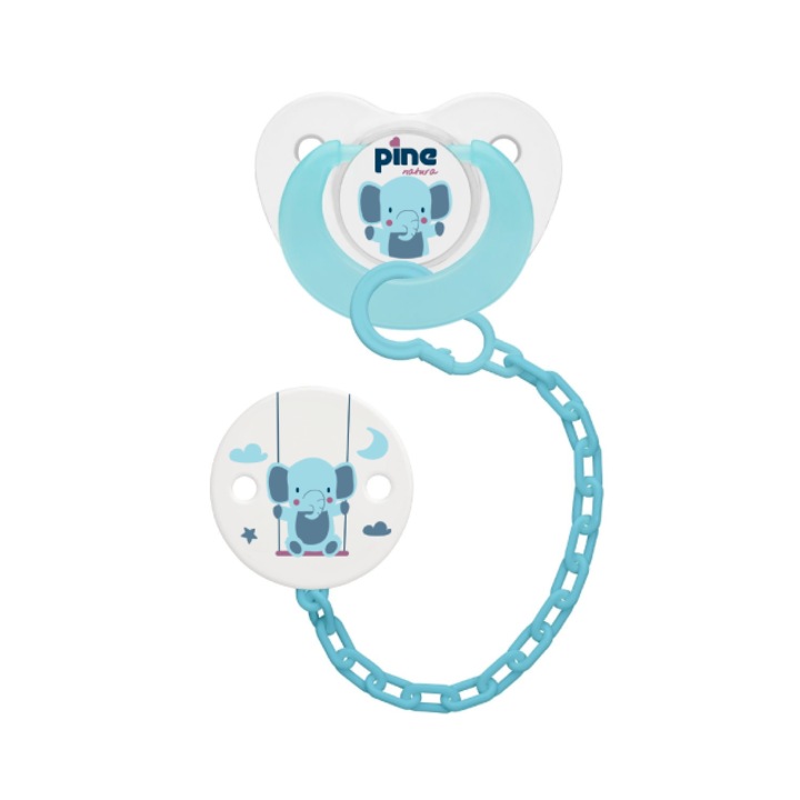 PN00111B - Suzeta tip fluture cu lantisor si clips, Albastru, model Elefant, nr. 3 Pine Natura x1 buc