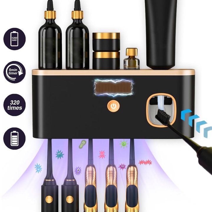 Sterilizator UV pentru Periute de Dinti, Puepoul,5 Sloturi, Eficienta Dezinfectare 99.99%, Incarcare Solara/USB, Baterie 1200mAh, Capac Superior pentru Depozitare, Montaj usor fara gauri, Negru