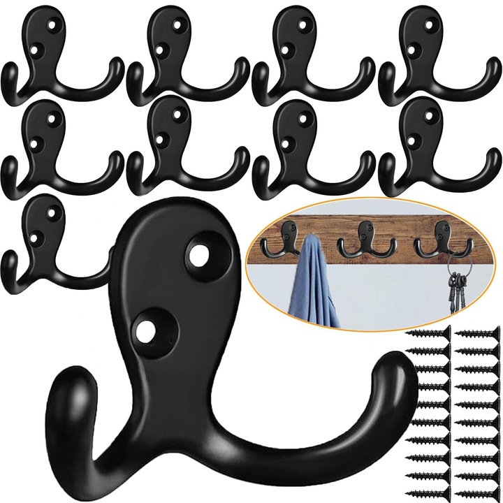 Set 10 cuiere de perete, Puepoul, Anti-rugina, potrivit pentru agatat haine, palarii, genti messenger, chei, Negru