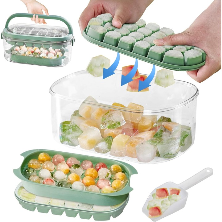 Jégkocka tálca, Puepoul, 54 db, két réteg, Polipropilén, tetővel, Kávéitalok hűtésére, átlátszó/zöld