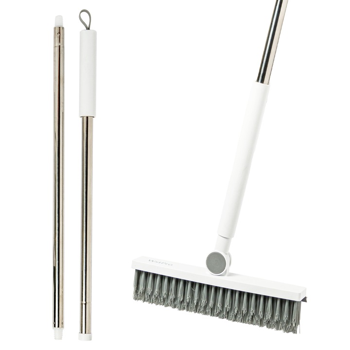 Perie multifunctionala WstPro pentru curatat podele si rosturi, maner lung 106 cm, peri in V, capat pivotant 180 grade, cu racleta pentru indepartarea lichidelor de pe suprafete