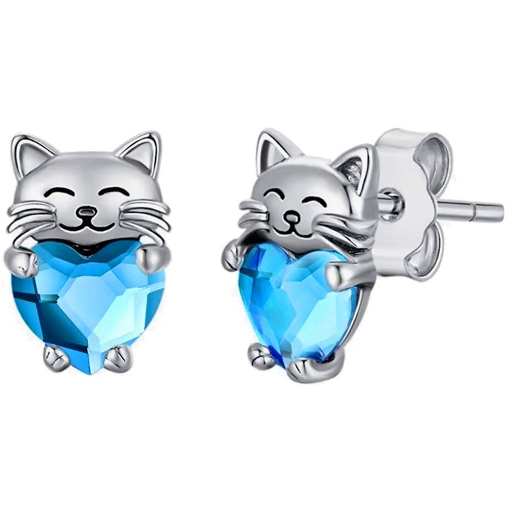 Fülbevaló, ezüst, macska, ezüst 925 ródium, kék cirkon