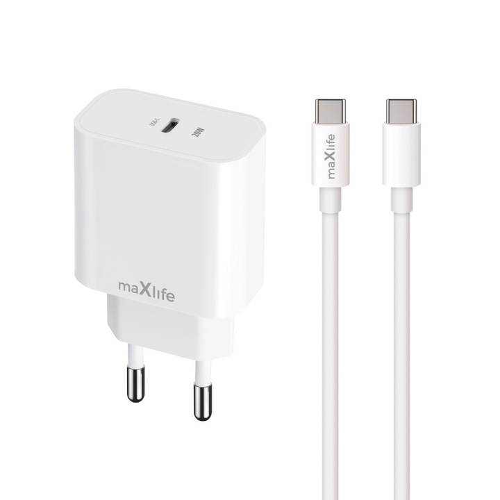 Maxlife Mxtc-06-20c Pd Qc töltő 1x Usb-c 20w fehér + kábel Usb-c - Usb-c 20w
