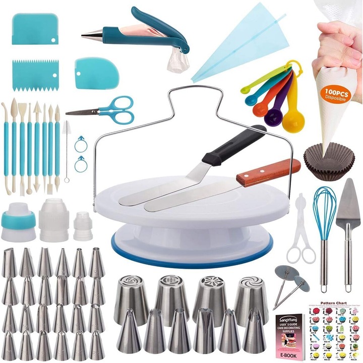 Set Patiserie/Cofetarie 207 piese（inclusiv 100 pungi pentru tevi）, Puepoul, Inox/Plastic/Silicon, Platou Rotativ, Duze pentru Ornat si Taietor Blat, Cofetarie/patiserie decorare, Multicolor