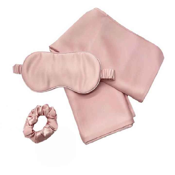 Премиум комплект от естествена коприна Lommad®, състоящ се от калъфка за възглавница, маска за сън на очите, ластик за коса, 100% коприна Mulberry, нетоксичен, 22 мм, 51x76 см, скрит цип, сертификат OEKO TEX Standard 100, розов