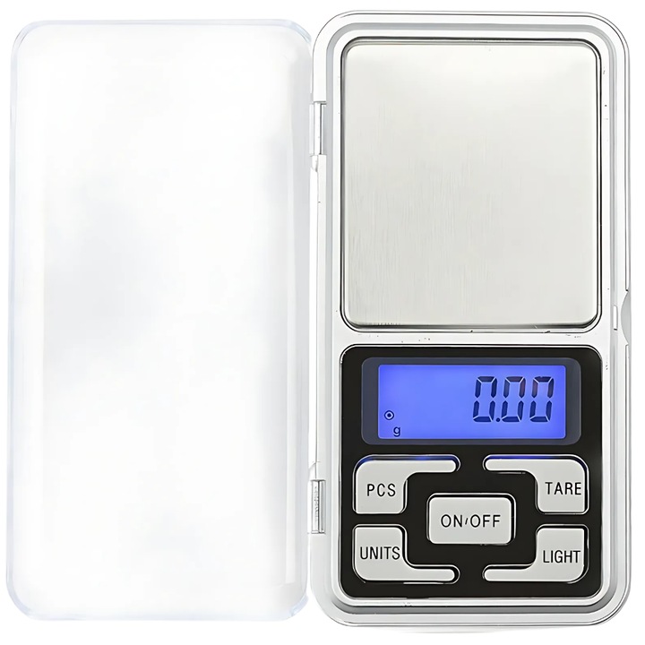 Mini cantar electronic de buzunar SDEPOT®, pentru bijuterii cu afisaj LCD, capacitate pana la 200g, argintiu