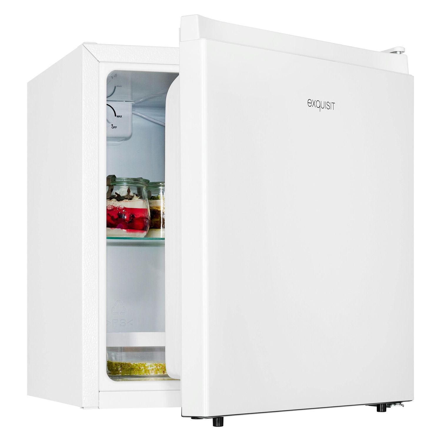 Frigider minibar Exquisit, capacitate 45 litri, H 50 cm, usa reversibila, termostat reglabil, design compact, compartiment pentru cuburile de gheata, iluminare LED, ideal pentru birou/hotel/rulota, alb