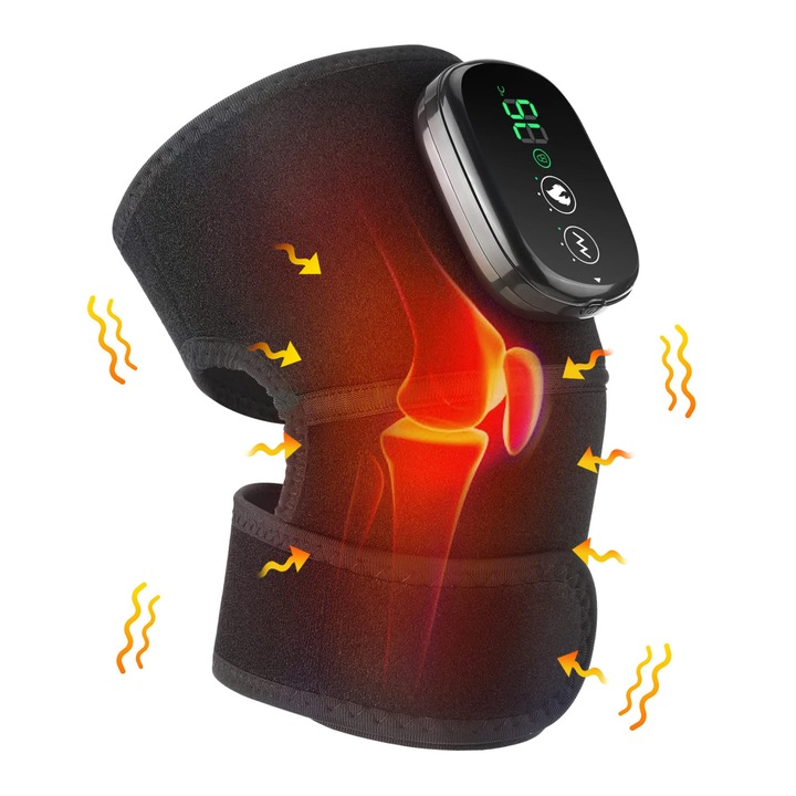 3 В 1 акумулаторен масажор за наколенка, 3 режима на нагряване и вибрация, LED дисплей с 3 функции за масаж, 4000 mAh, облекчаване на болки в рамото, лакътя, коляното, еластичен бинт, черен