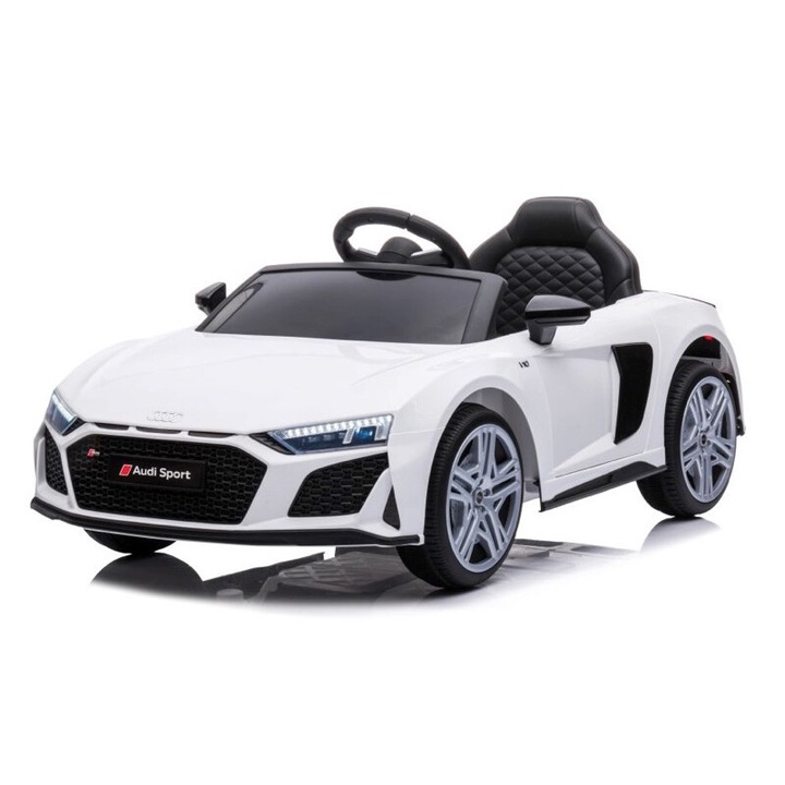 Masina electrica pentru copii AUDI R8 SPYDER SPORT 12V ALB cu telecomanda 2.4G, 2 motoare, roti cauciuc, scaun din piele sintetica