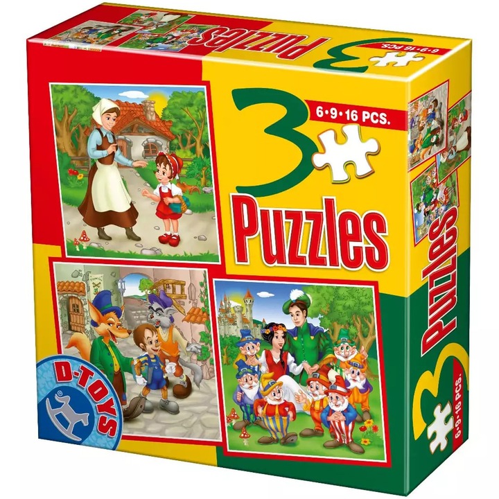 Комплект 3 пъзела D-Toys - Червената шапчица, Пинокио, Снежанка, 6/9/16 части