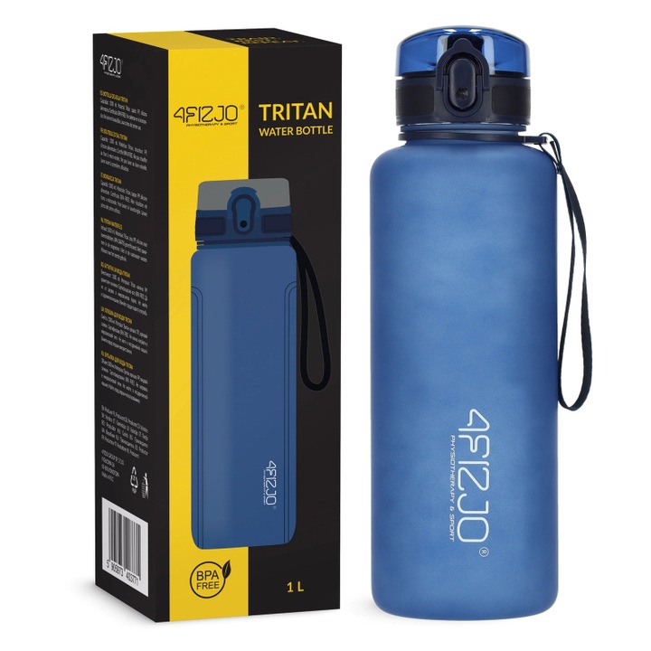 Sportos vizes palack időskálával, 4FIZJO, BPA-mentes, fogantyúként pánttal, kényelmes, ergonomikus szájjal, 1 L űrtartalom, 26,5 x 8 cm, Tritan, szilikon, PP, kék, Tritan, szilikon, PP, Kék