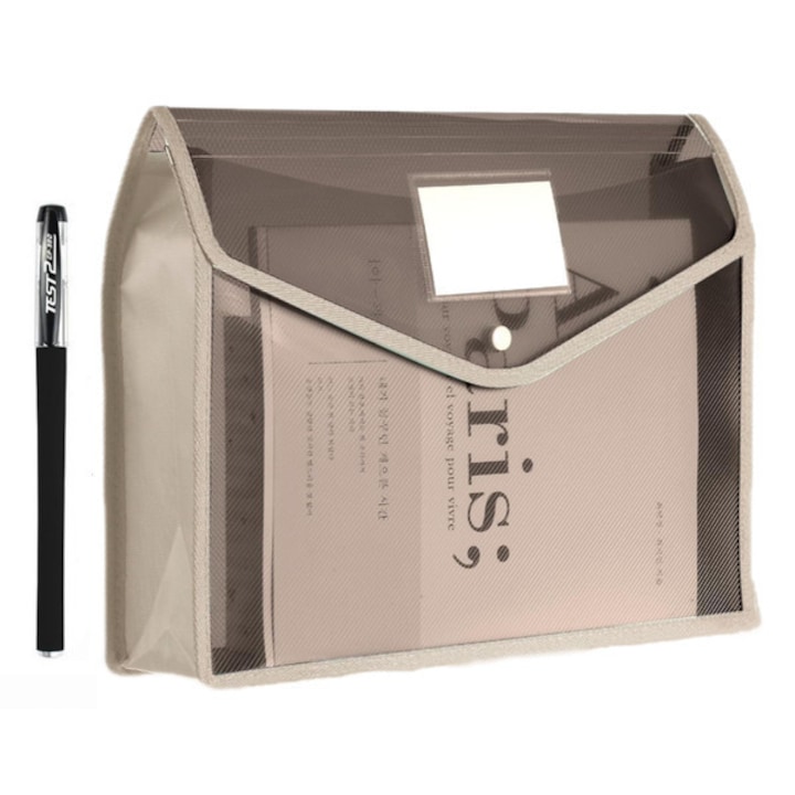 Mapa plastica A4, gri, cu capacitate mare, Caltucus Core, rezistenta la apa, cu buzunar pentru carduri de vizita, set cu stilou