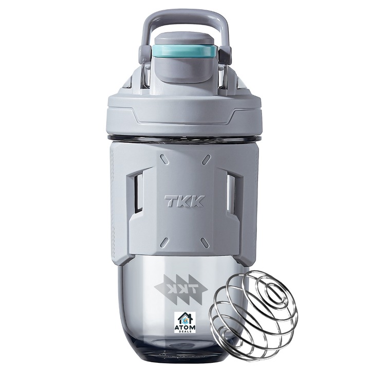 Фитнес протеинов шейкър, ATOM DEALS 700 ml с топка за смесване, устойчив на високи температури, Tritan, BPA Free, стегнат капак с щипки, идеален за спорт, фитнес, дейности на открито, компактен дизайн, сив