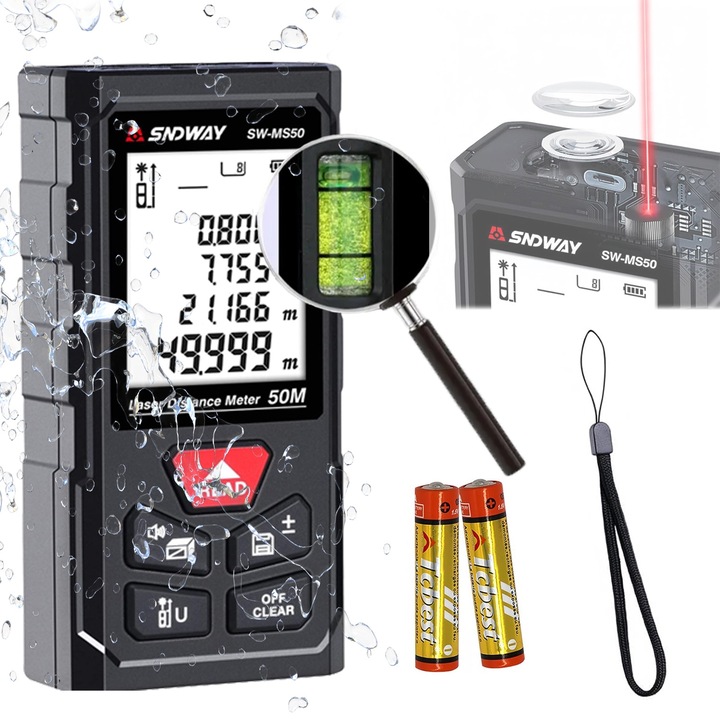 Puepoul, Лазерен измервателен уред, 50m цифров лазерен дистанциономер, LCD с подсветка, точност ± 2 mm, IP 54, сив