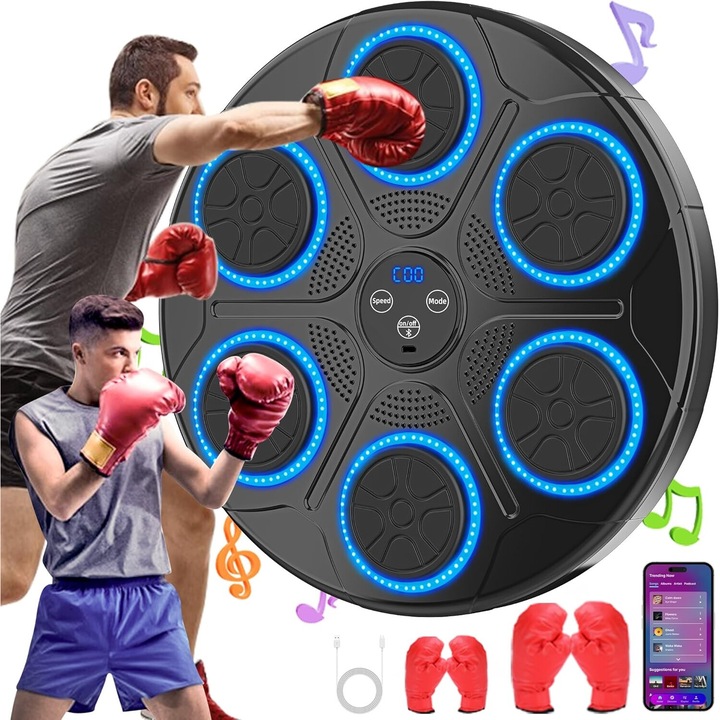 Excitat® Smart Music Box, С два чифта ръкавици, Bluetooth връзка, Бокс и фитнес тренировки, Вграден високоговорител, За деца и възрастни, LED осветление, HD дисплей, SMART функции, IOS/Android интеграция, 9 скорости, ABS, USB, Черен