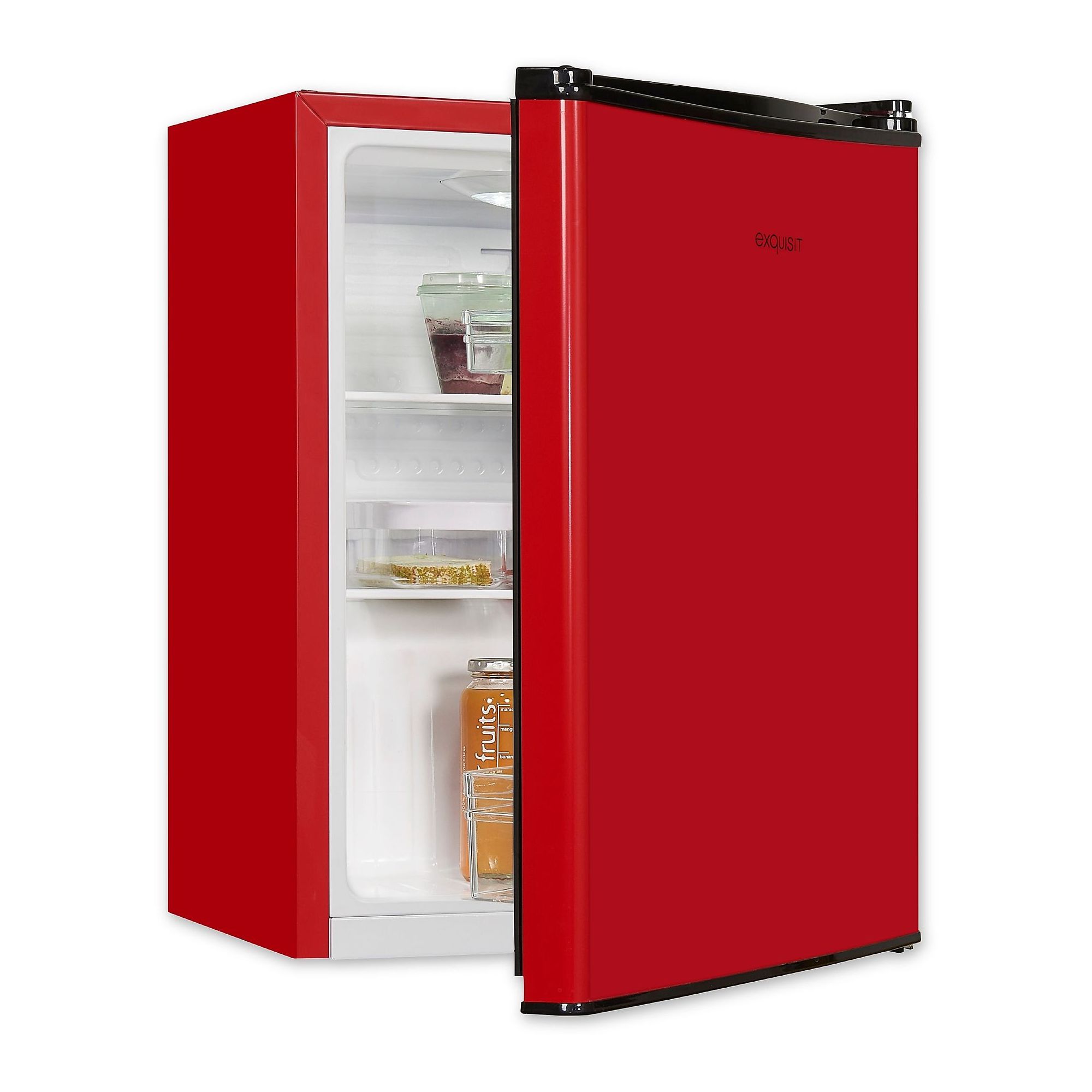Frigider minibar Exquisit, H 62 cm, capacitate 52 litri, undercounter, usa reversibila, control temperatura, compartiment pentru legume/fructe, ideal pentru HoReCa/birou/rulota, iluminat interior LED, picioare ajustabile, rosu