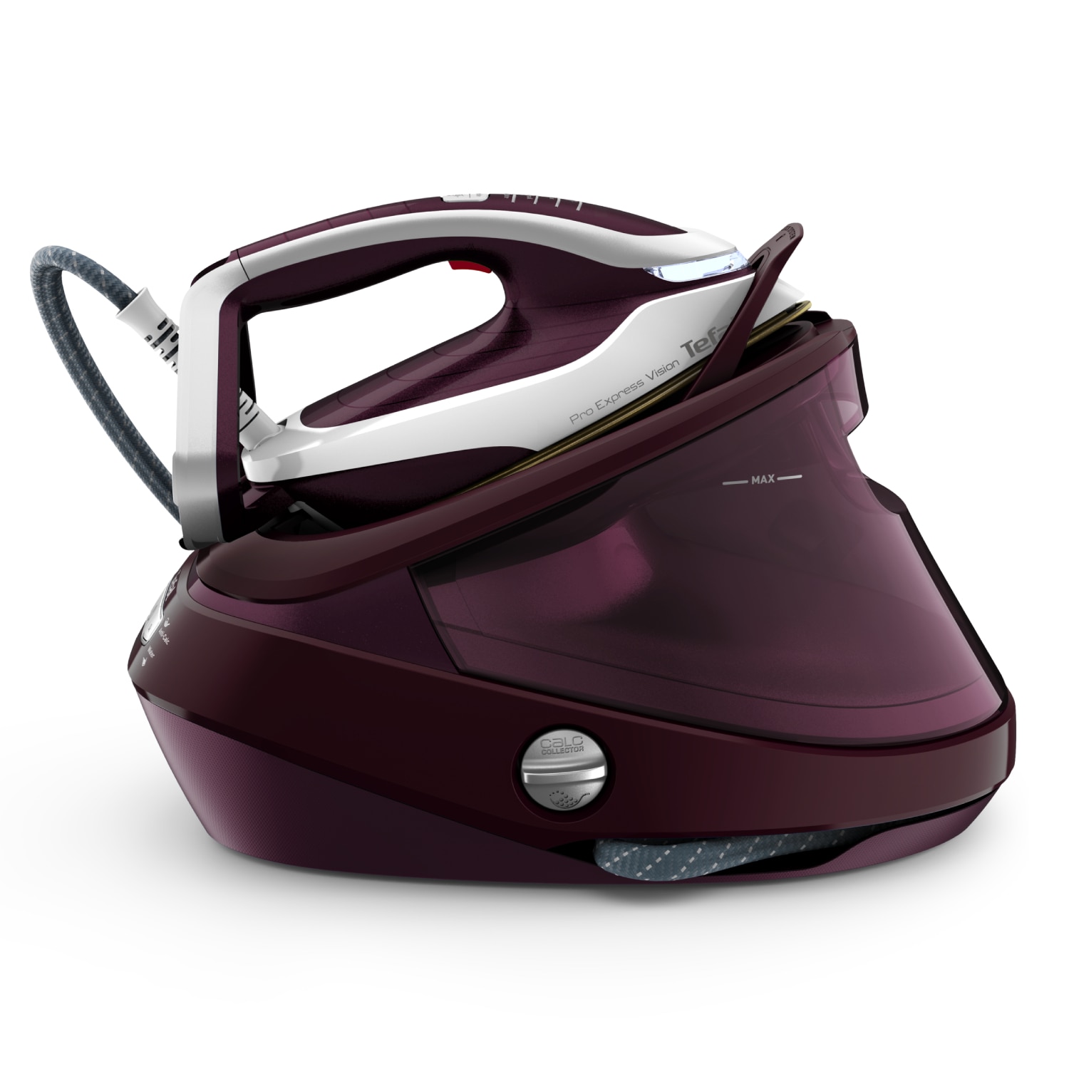 Statie de calcat cu abur de inalta presiune Tefal Pro Express Vision GV9810E0, 3000W, 8.3 bari, jet de abur 680 g/min, abur variabil 180 g/min, varf iluminat LED, sistem antipicurare, tehnologie Smart Steam, colector anticalcar, visiniu & alb