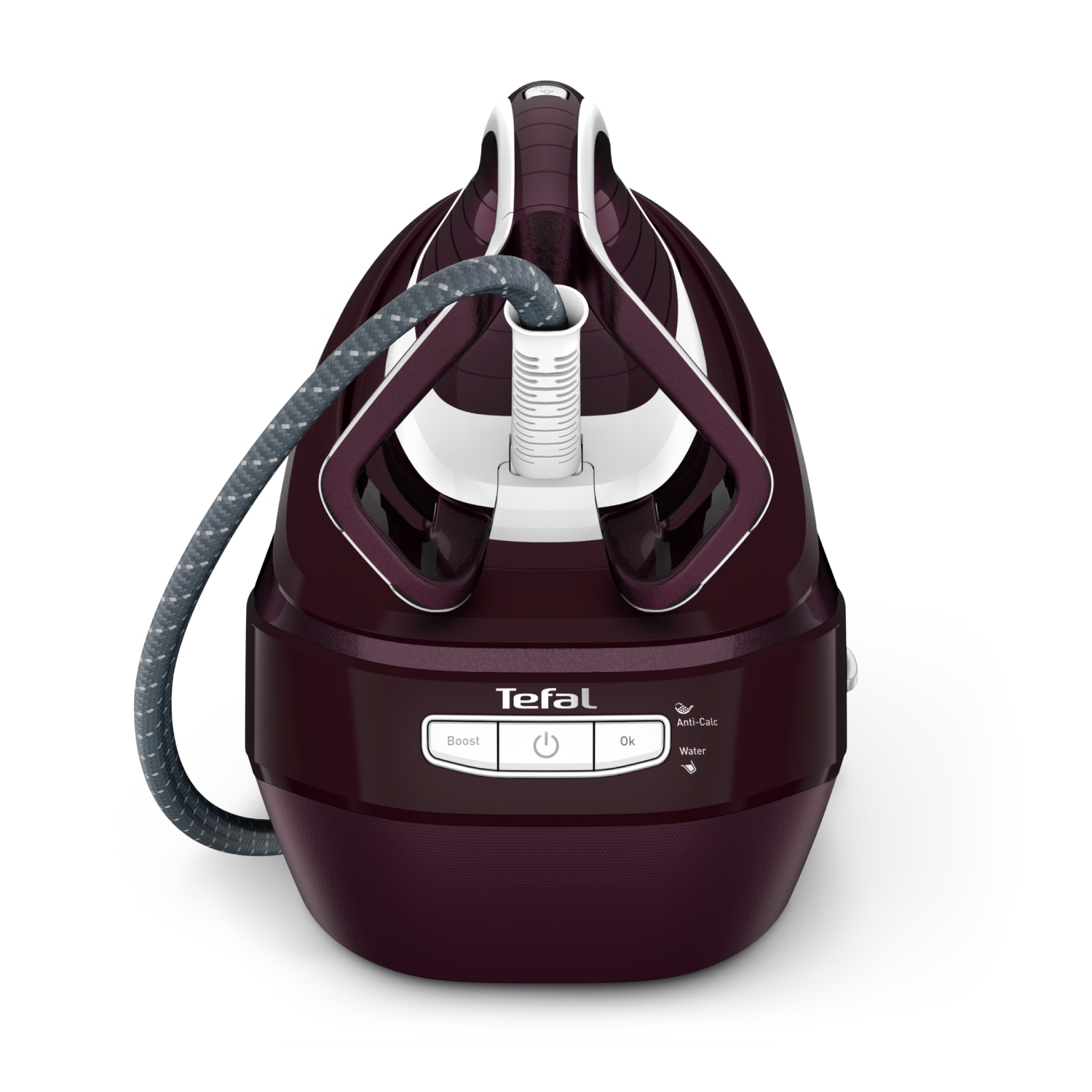 Statie de calcat cu abur de inalta presiune Tefal Pro Express Vision GV9810E0, 3000W, 8.3 bari, jet de abur 680 g/min, abur variabil 180 g/min, varf iluminat LED, sistem antipicurare, tehnologie Smart Steam, colector anticalcar, visiniu & alb