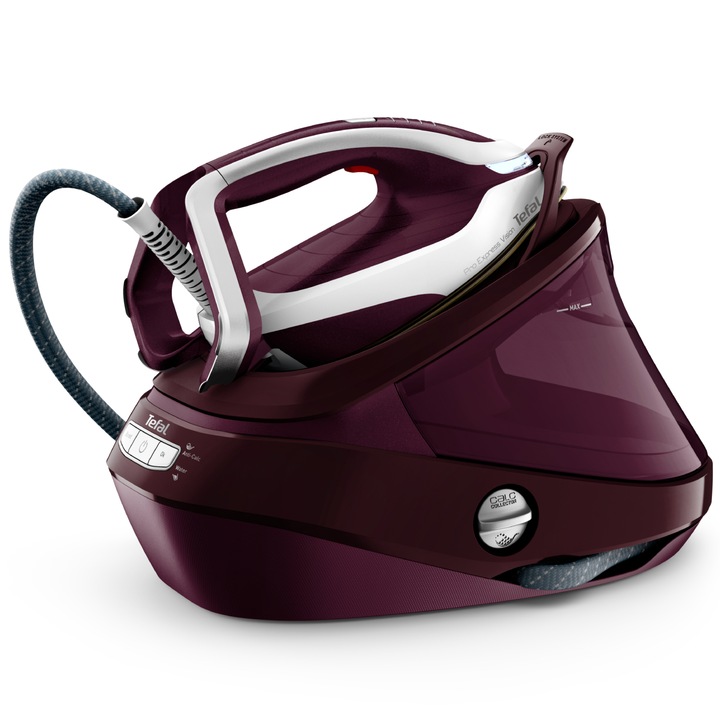 Statie de calcat cu abur de inalta presiune Tefal Pro Express Vision GV9810E0, 3000 W, 8.3 bari, jet de abur 680 g/min, abur variabil 0 - 180 g/min, varf iluminat LED, sistem antipicurare, tehnologie Smart Steam, colector anticalcar, visiniu & alb