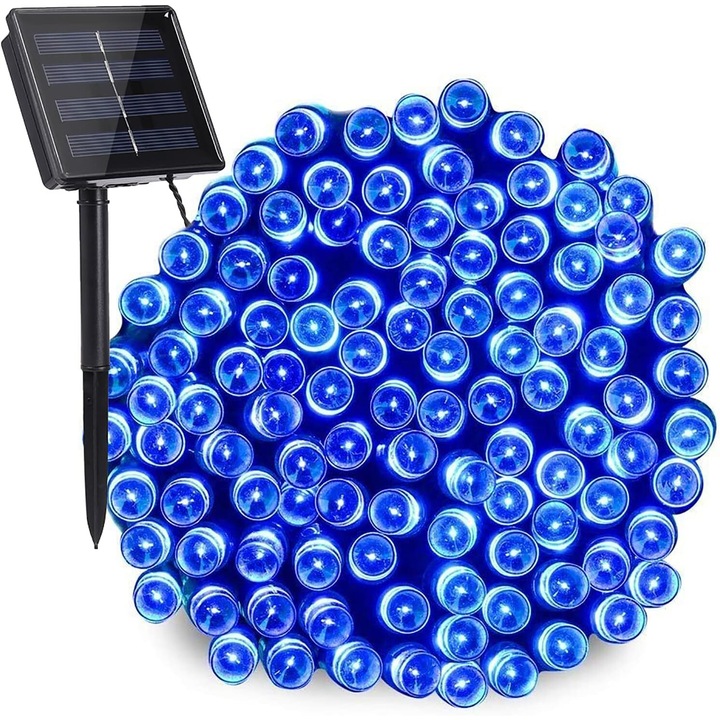 Karácsonyi fényfüzér, EMATTERIO®, napelemes töltéssel, 8 fénymód, kültéri, 100 m, kék