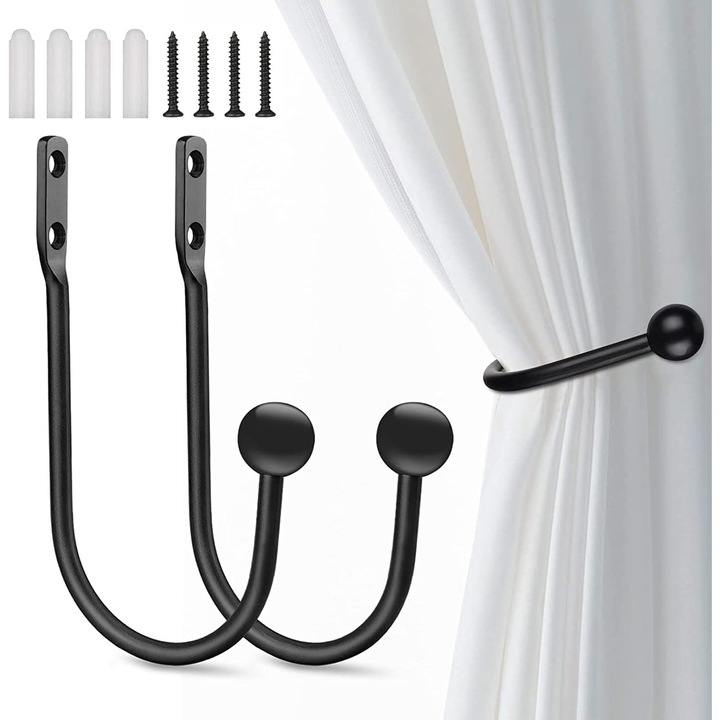 Set 2 carlige pentru perdea, Cu suruburi, Rezistent la coroziune, Puternica si durabila, Pentru living, dormitor, baie, Aliaj de aluminiu, Negru