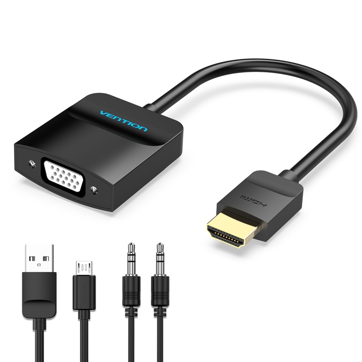 Adaptor HDMI la VGA, VENTION, cu Audio si Alimentare, Plug & Play, 1080P@60Hz, 0.15m, Negru