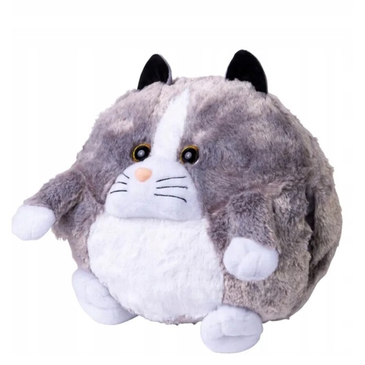 Възглавница, плюшена играчка, нагревател за ръце, Cozy Noxxiez, Котенце, 3 в 1, за деца 3+, с мек пълнеж и странични отвори за ръце, 35x35x35 см, 400 гр, от висококачествен полиестер, идеална за комфорт и топлина, Бяло и сиво