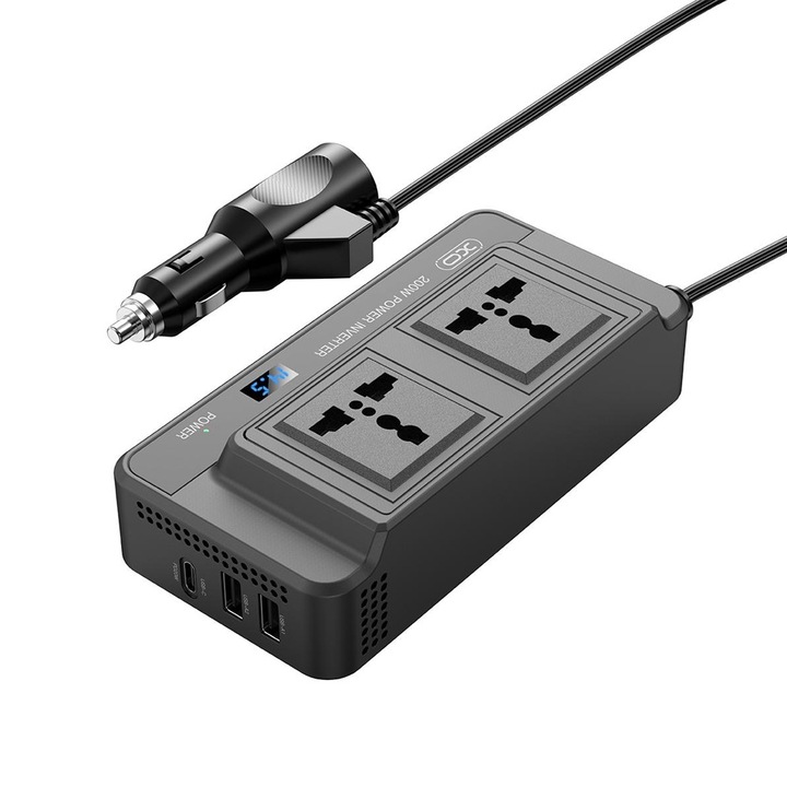 Invertor de Tensiune Auto XO, 12V / 200W, 2xAC, 2xUSB-A, 1xUSB-C, Fast-Charge