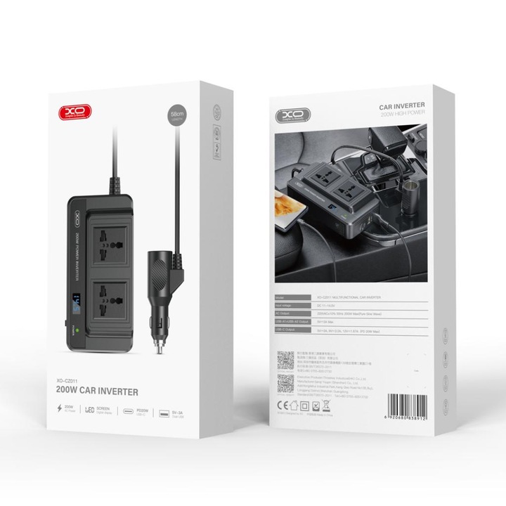 XO autós feszültségátalakító, 12V / 200W, 2xAC, 2xUSB-A, 1xUSB-C, gyorstöltés
