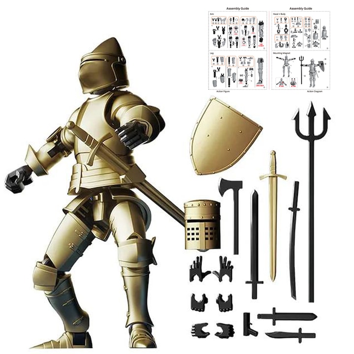 Puzzle 3D Cavaler Medieval Robot, Yingyun®, Figurine de actiune cu mai multe articulatii, Model de ansamblu magnetic cu accesorii pentru arme, DIY, Auriu