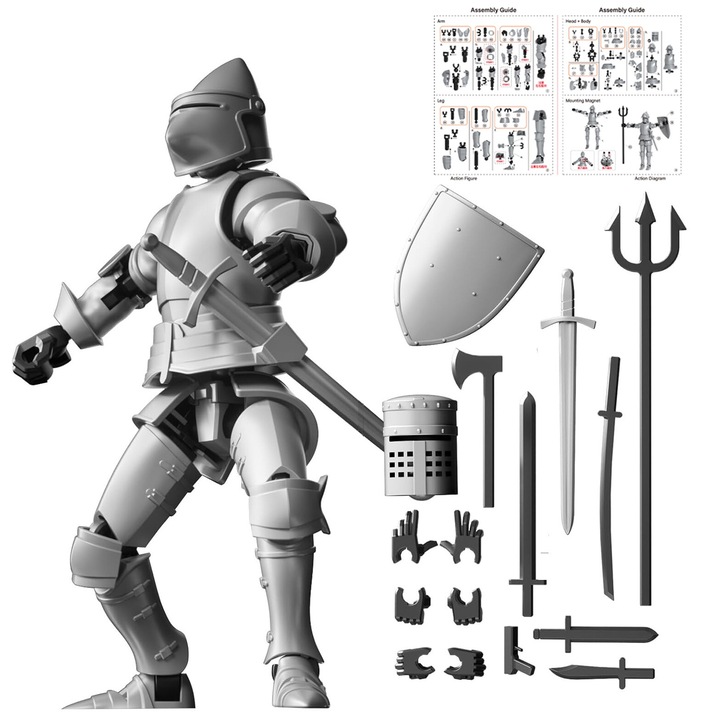 Yingyun® középkori lovag robot 3D puzzle, több ízületből álló akciófigurák, mágneses összeállítású modell fegyvertartozékokkal, barkácsolás, ezüst