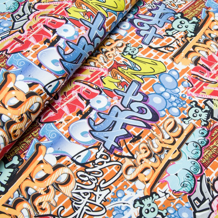 Material textil, Tricot french terry, Tricot trening imprimat Grafitti, bumbac 95%, elastan 5%