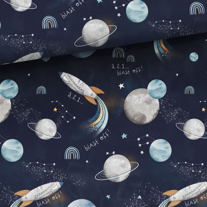 Material textil, Bumbac imprimat Blast off Navy, bumbac 100%