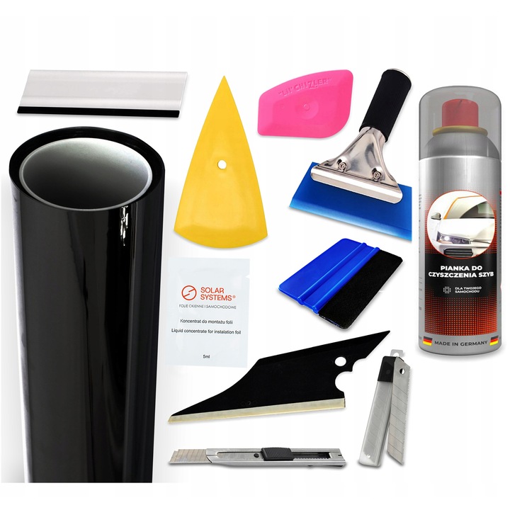 Folie termocontractabila auto, Solar Systems, Black Premium, 95% opacitate, 75x500 cm, protectie UV, rezistenta zgarieturi, set instalare: racleta, concentrat aplicare, spuma curatare, cutter, racleta speciala