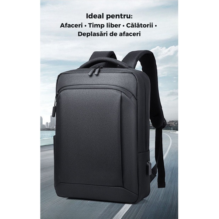 Rucsac Multifunctional, Smart Casual, Business si Calatorii, Rezistent la Apa si Zgarieturi, cu Port USB, Bareta Reglabila, Unisex, Spatios si Respirabil, Compatibil cu Laptop 15.6", Negru, Aida HER®