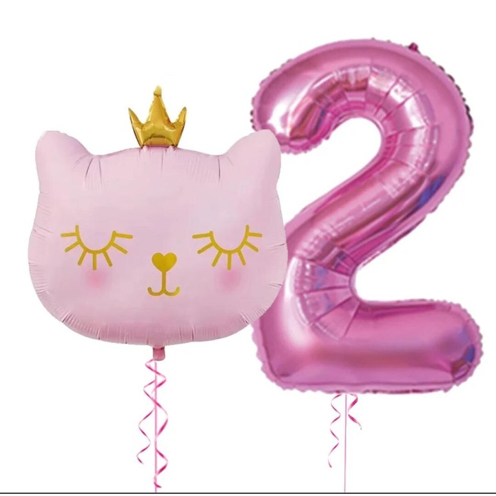 Set 2 baloane folie, It’s Party Time, cap pisicuta roz, balon folie cifra 2, roz, 1M
