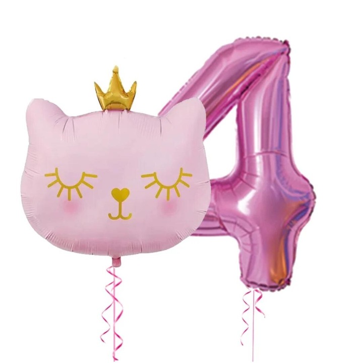 Set 2 baloane folie, It’s Party Time, cap pisicuta roz, balon folie cifra 4, roz 1M